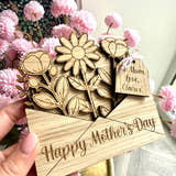 Load image into Gallery viewer, Personalised wooden Mothers day card with ‘Happy Mother’s day’ laser engraved on the front and a wooden gift tag with personalised gift details.