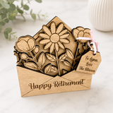 Load image into Gallery viewer, Handmade personalised wooden flower envelope keepsake gift with custom message tag, perfect for retirement and special occasions
