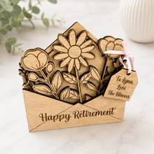 Load image into Gallery viewer, Handmade personalised wooden flower envelope keepsake gift with custom message tag, perfect for retirement and special occasions