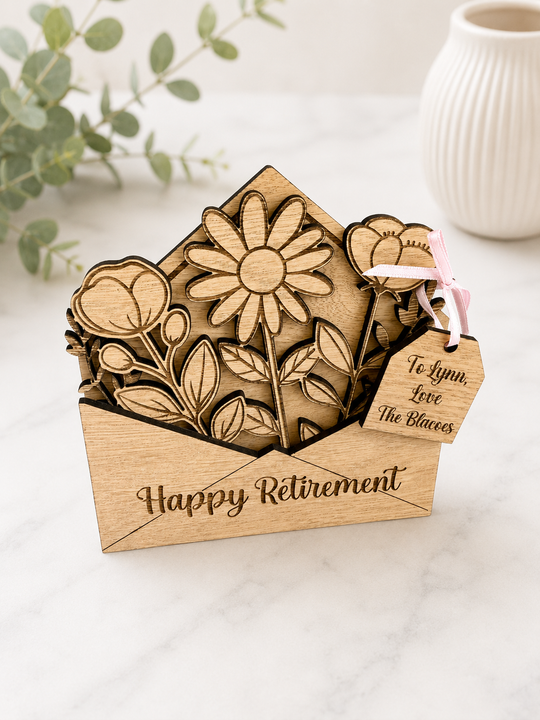 Handmade personalised wooden flower envelope keepsake gift with custom message tag, perfect for retirement and special occasions