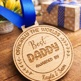 Load image into Gallery viewer, Personalised best dad wooden medal with blue ribbon, engraved fathers day gift from children, handmade oak keepsake