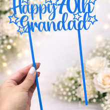 Load image into Gallery viewer, Blue acrylic Happy 70th Grandad birthday cake topper with star details