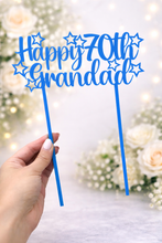 Load image into Gallery viewer, Blue acrylic Happy 70th Grandad birthday cake topper with star details