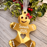 Load image into Gallery viewer, Personalised gingerbread lady Christmas decoration in gold mirrored acrylic
