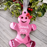 Load image into Gallery viewer, Personalised gingerbread lady Christmas decoration in pink mirrored acrylic