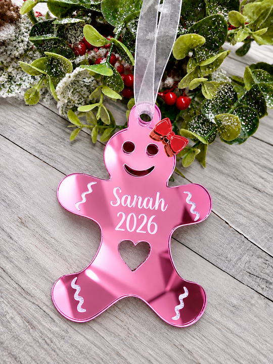 Personalised gingerbread lady Christmas decoration in pink mirrored acrylic