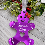 Load image into Gallery viewer, Personalised gingerbread lady Christmas decoration in purple mirrored acrylic