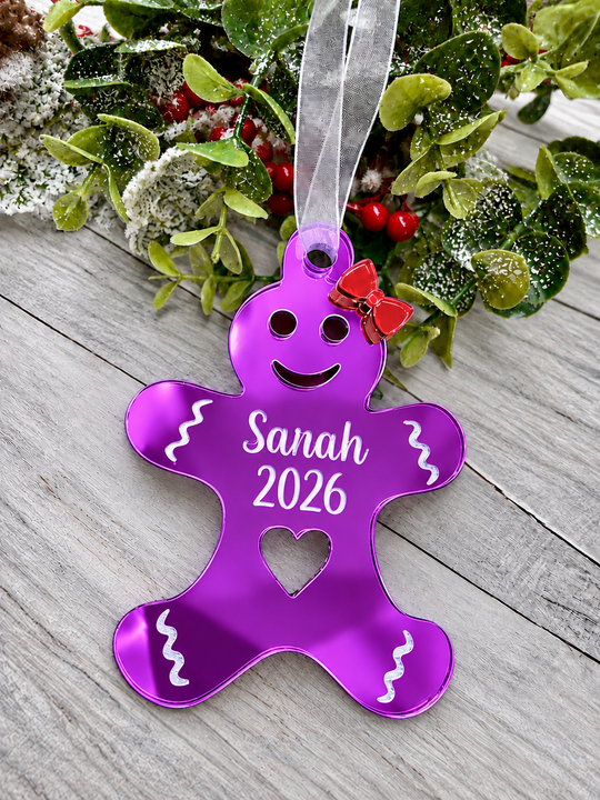 Personalised gingerbread lady Christmas decoration in purple mirrored acrylic
