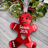 Load image into Gallery viewer, Personalised gingerbread lady Christmas decoration in red mirrored acrylic