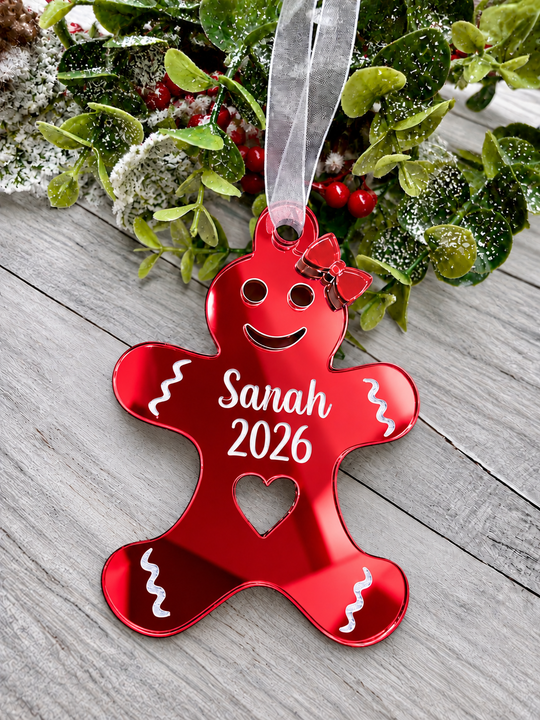 Personalised gingerbread lady Christmas decoration in red mirrored acrylic