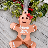 Load image into Gallery viewer, Personalised gingerbread lady Christmas decoration in rose gold mirrored acrylic
