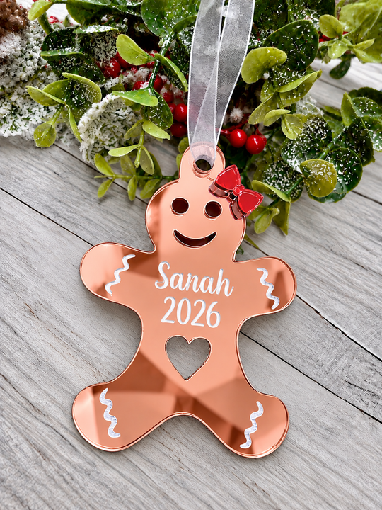 Personalised gingerbread lady Christmas decoration in rose gold mirrored acrylic