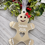 Load image into Gallery viewer, Personalised gingerbread lady Christmas decoration in silver mirrored acrylic