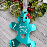 Load image into Gallery viewer, Personalised gingerbread lady Christmas decoration in teal mirrored acrylic