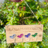 Load image into Gallery viewer, Custom Grandad’s Greenhouse wooden sign with watering can and plant design, perfect gift for gardeners and grandads.