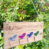 Load image into Gallery viewer, Custom Grandad’s Greenhouse wooden sign with watering can and plant design, perfect gift for gardeners and grandads.