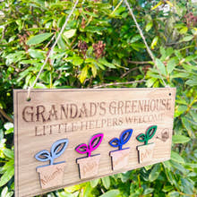 Load image into Gallery viewer, Custom Grandadโs Greenhouse wooden sign with watering can and plant design, perfect gift for gardeners and grandads.