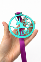 Load image into Gallery viewer, teal mirror acrylic personalised gymnastics medal held in hand with custom name design