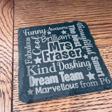 Load image into Gallery viewer, Personalised engraved slate teacher gift with custom name. A unique end-of-term, thank-you gift for teachers, teaching assistants, or mentors."
Let me know if you'd like any refinements!