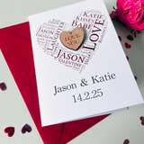 Load image into Gallery viewer, Personalised wooden Anniversary card with printed and foiled heartfelt words. A unique and sentimental keepsake gift for your partner, husband, wife, or loved one.