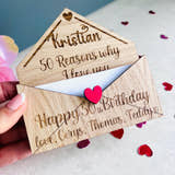 Load image into Gallery viewer, Personalised wooden 50th birthday card with custom engraved message, a unique keepsake gift for him or her.