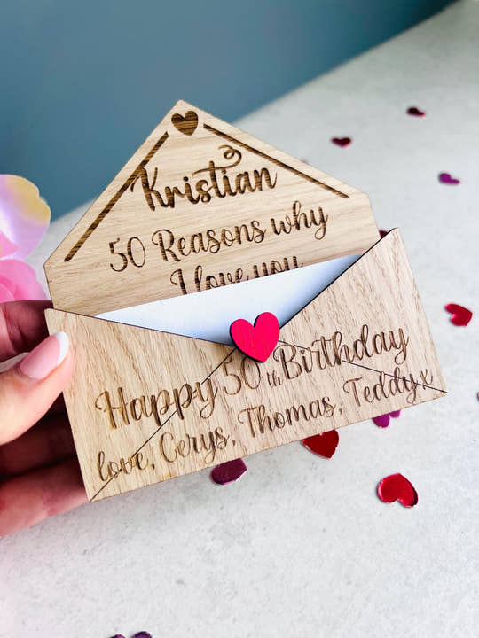 Personalised wooden 50th birthday card with custom engraved message, a unique keepsake gift for him or her.