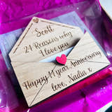 Load image into Gallery viewer, Personalised wooden anniversary card with custom engraved message, a unique keepsake gift for couples, weddings, and special occasions.