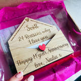Load image into Gallery viewer, Personalised wooden anniversary card with custom engraved message, a unique keepsake gift for couples, weddings, and special occasions.