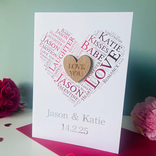 Personalised wooden Anniversary card with printed and foiled heartfelt words. A unique and sentimental keepsake gift for your partner, husband, wife, or loved one.