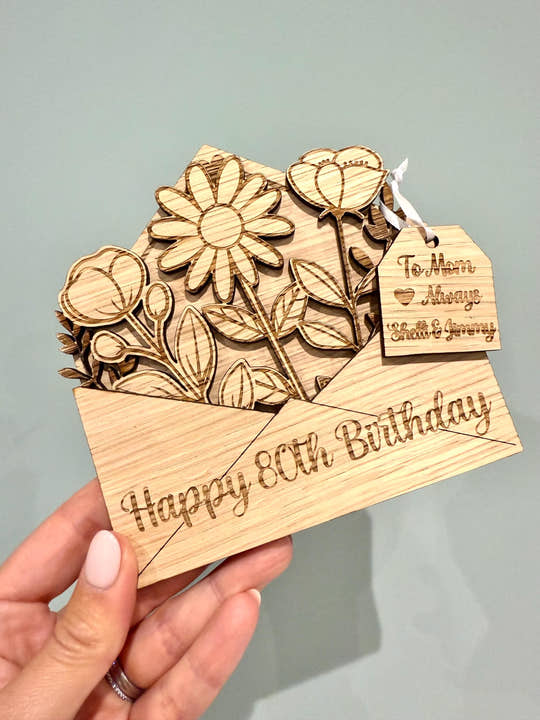 80th Birthday Wooden Flower Card