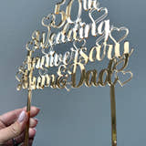 Load image into Gallery viewer, Gold mirror acrylic 50th anniversary cake topper with two built-in cake sticks