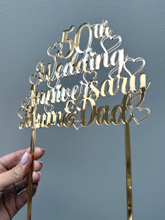 Gold mirror acrylic 50th anniversary cake topper with two built-in cake sticks