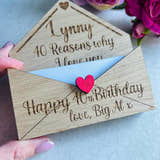 Load image into Gallery viewer, Engraved personalised wooden 40th birthday card in wooden envelope with blank slips for custom reasons