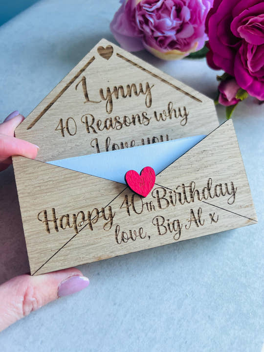 Engraved personalised wooden 40th birthday card in wooden envelope with blank slips for custom reasons