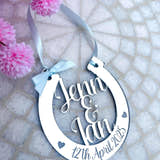 Load image into Gallery viewer, Silver wedding day horse shoe with personalised names and wedding date