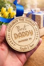 Load image into Gallery viewer, Close up personalised best daddy medal engraved wood fathers day gift UK with blue ribbon