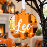 Load image into Gallery viewer, Personalised pumpkin Halloween tree decoration in orange mirrored acrylic with the name in white