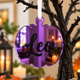 Load image into Gallery viewer, Personalised pumpkin Halloween tree decoration in purple mirrored acrylic with the name in black
