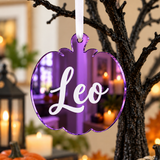Load image into Gallery viewer, Personalised pumpkin Halloween tree decoration in purple mirrored acrylic with the name in white