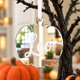 Load image into Gallery viewer, Personalised pumpkin Halloween tree decoration in silver mirrored acrylic with the name in white