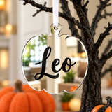 Load image into Gallery viewer, Personalised pumpkin Halloween tree decoration in silver mirrored acrylic with the name in black