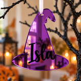 Load image into Gallery viewer, Personalised witch hat Halloween tree decoration in purple mirrored acrylic with the name in black