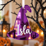Load image into Gallery viewer, Personalised witch hat Halloween tree decoration in purple mirrored acrylic with the name in white