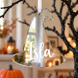 Load image into Gallery viewer, Personalised witch hat Halloween tree decoration in silver mirrored acrylic with the name in white