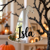 Load image into Gallery viewer, Personalised witch hat Halloween tree decoration in silver mirrored acrylic with the name in black