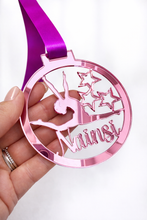 Load image into Gallery viewer, pale pink mirror acrylic personalised gymnastics medal held in hand with custom name design