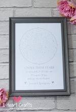 Load image into Gallery viewer, Starry Skies Foil Print - Custom Star Map by date, place & time - Grey Frame