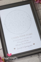 Load image into Gallery viewer, Starry Skies Foil Print - Custom Star Map by date, place & time - Grey Frame