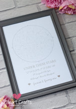Load image into Gallery viewer, Starry Skies Foil Print - Custom Star Map by date, place & time - Grey Frame