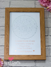 Load image into Gallery viewer, Starry Skies Foil Print - Custom Star Map by date, place & time - Oak Frame